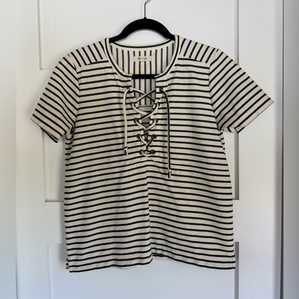 Madewell Black and Cream Striped Top with Lacing